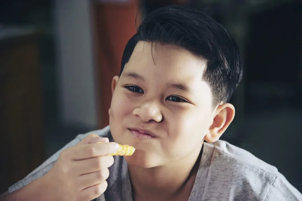 Boy Eating French Fries Potato With Dipped Sauce White Wooden Table 1150 9060