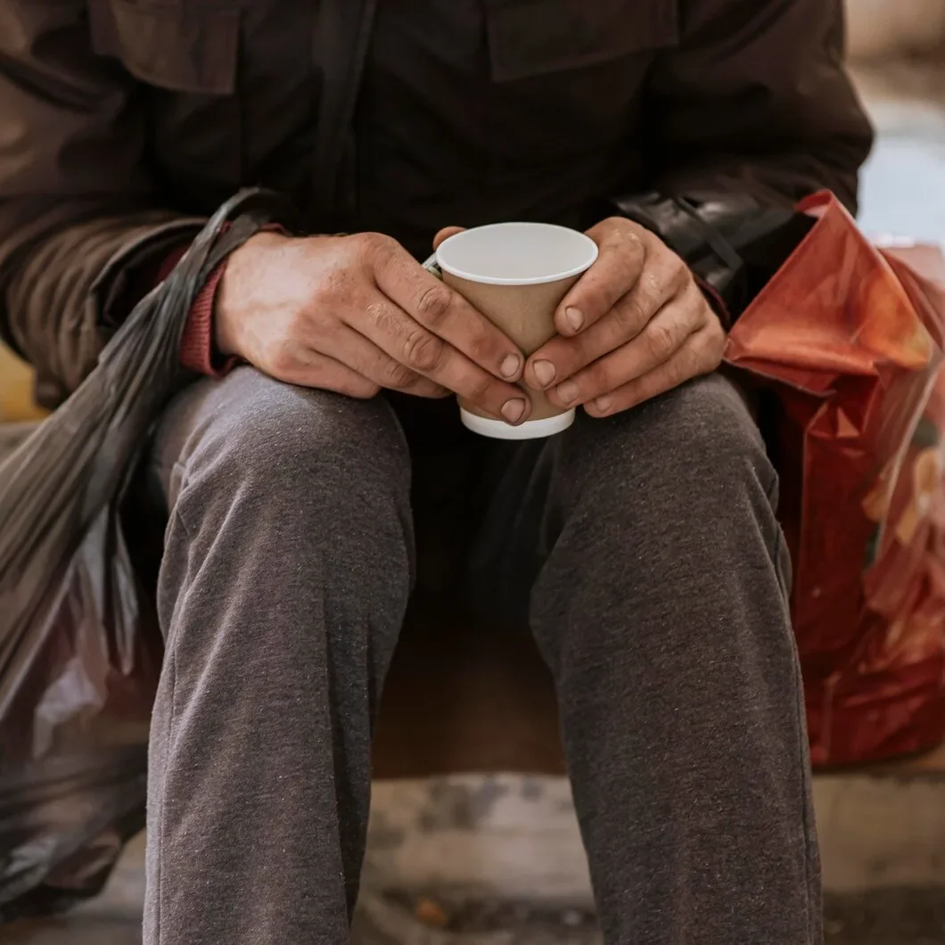 Front View Homeless Man Holding Cup Plastic Bag 23 2148760775