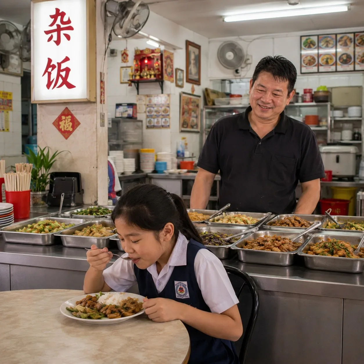 Chatgpt Image 小学生吃杂饭老板欣慰
