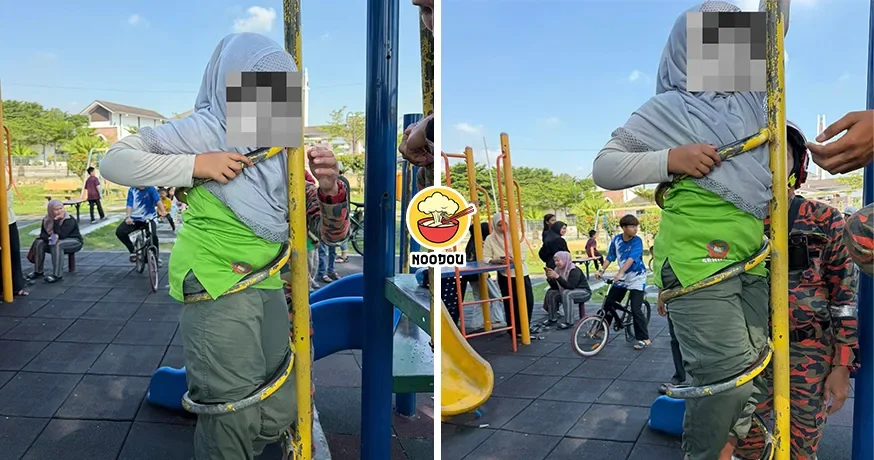 【怎样进去的⁉️】大马女孩卡在游乐场攀爬架，Abang Bomba出手搭救！