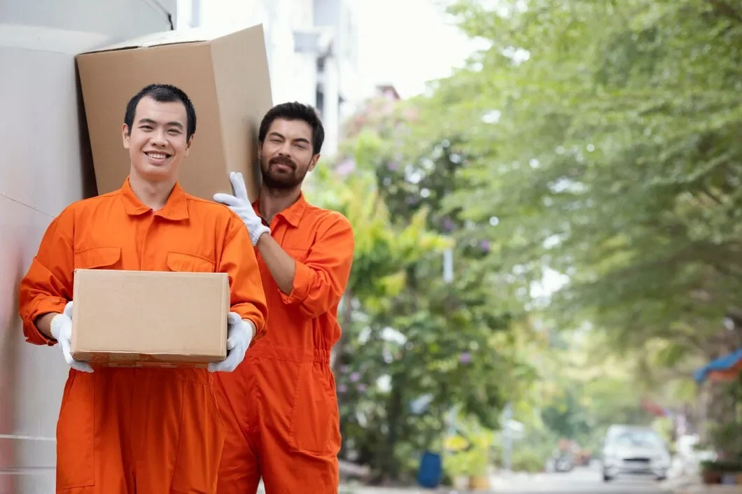 Young Delivery Men Moving Parcel Boxes Magnific