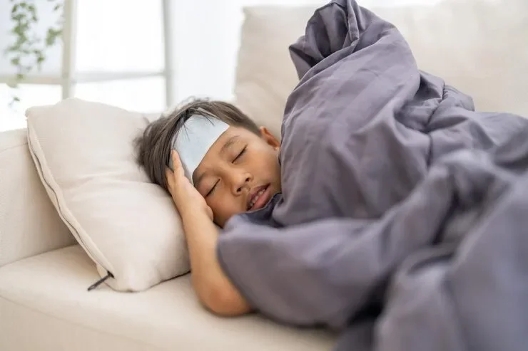 Asian Boy Wrapped Thick Blanket Feeling Chills Sickness Recovering From Illness Cold Unwell Child Health Care Winter Fever Symptoms Rsv Virus Health Care Body Cold Home