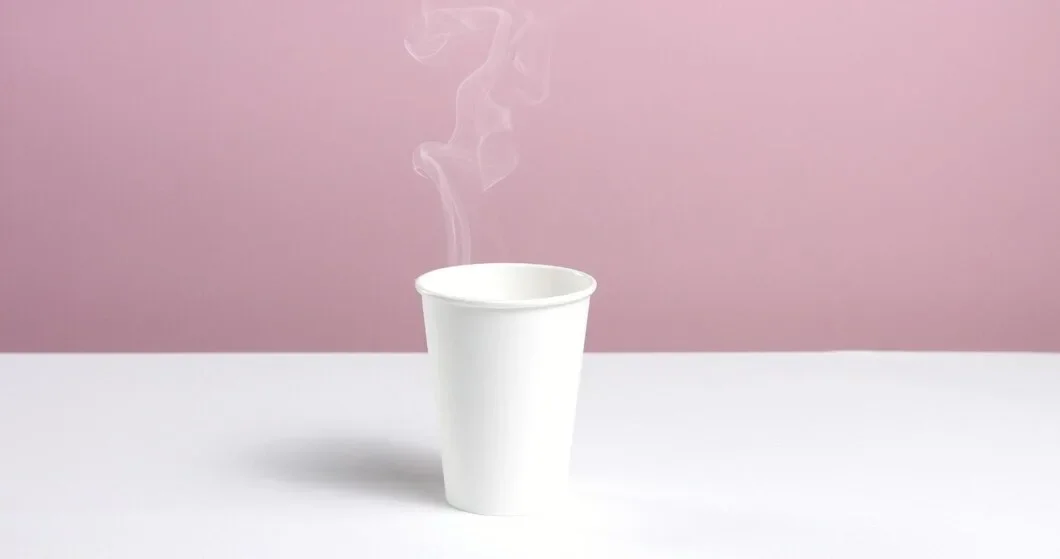 Hot Water Coffee Poured Into Plain Unlabeled Paper Cup White Table Against Pink Wall Steam Rising 633478 1144