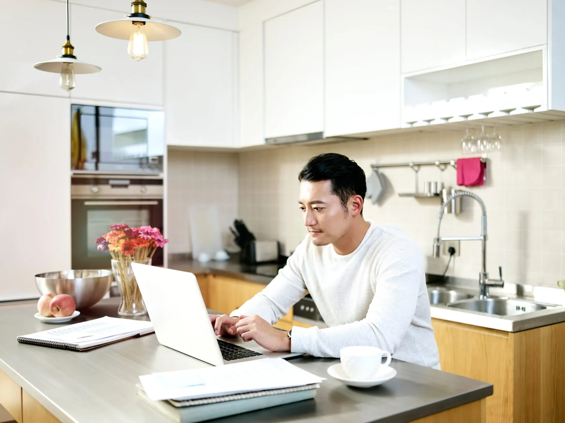 Man Using Laptop Home Kitchen 123Rf