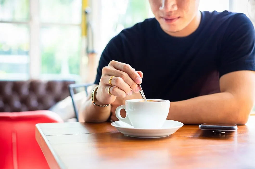 Young Man Use Small Spoon Coffee Cup 1150 14261