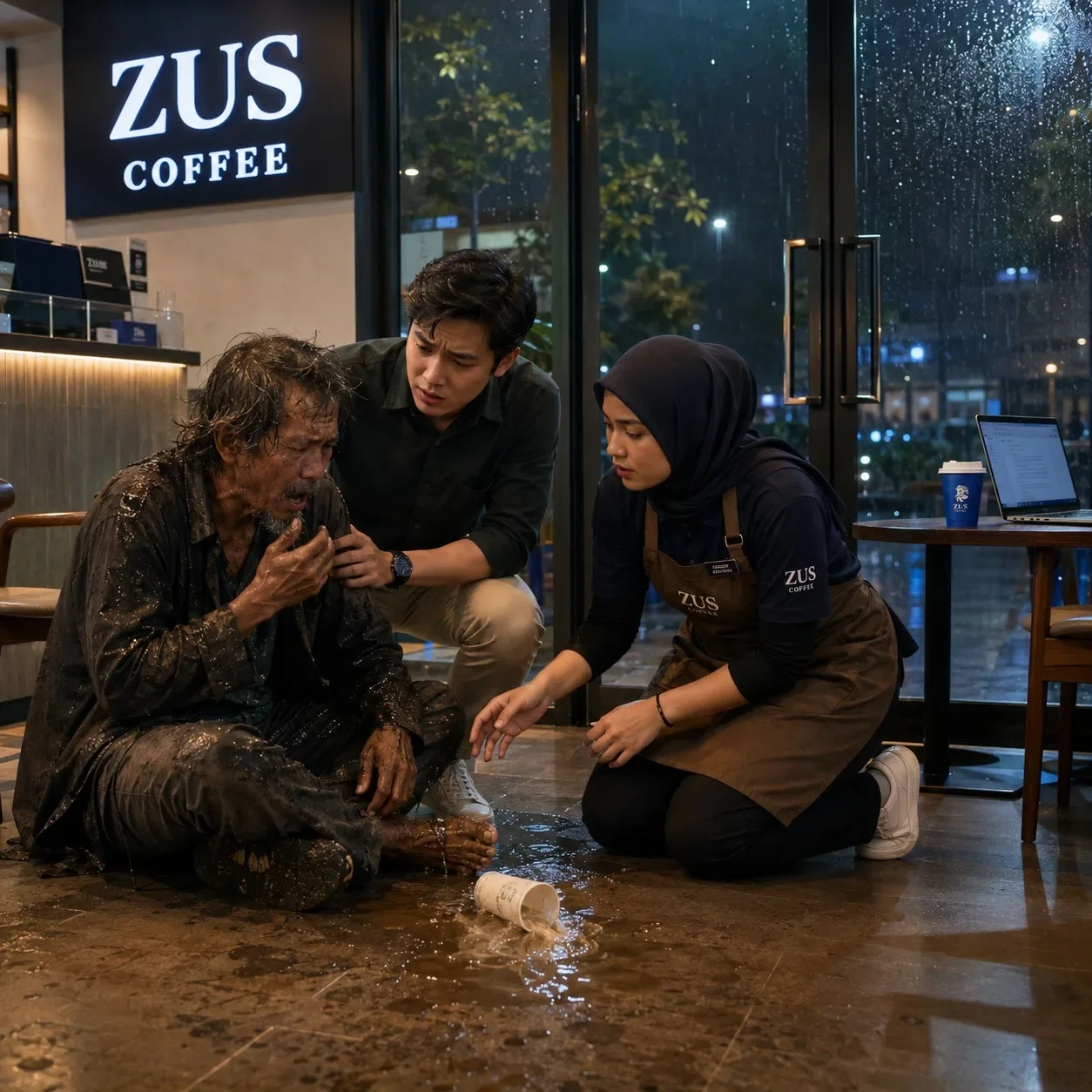 流浪汉雨天冷跟咖啡店员工讨热水喝烫到弄翻水店员顾客上前关心 Nd Chatgpt