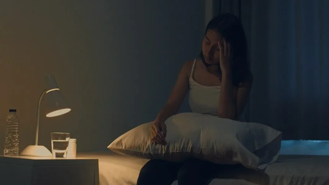 Beautiful Asian Young Woman Sitting Bed Take Sleeping Pill Night Medicine Bedroom Unhealthy Sick Indian Female Suffers From Insomnia Headache Depressed Girl Hol