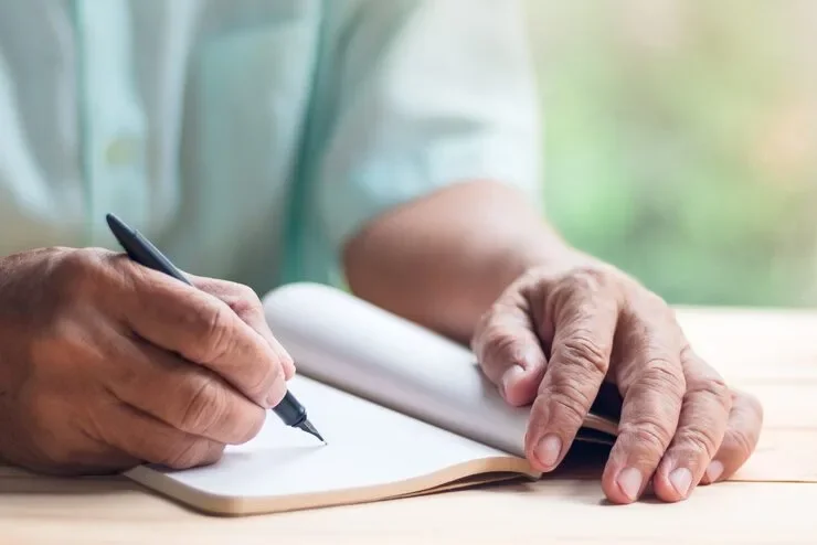 Old Man Write Blank Notebook Page With Black Ink Pen 34939 81