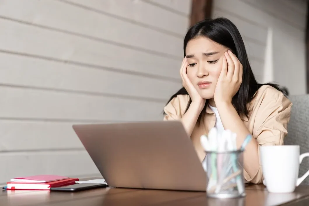 Sad Bored Young Asian Girl Student Studying Looking Upset Laptop Screen Attend Boring Online 1258 84175
