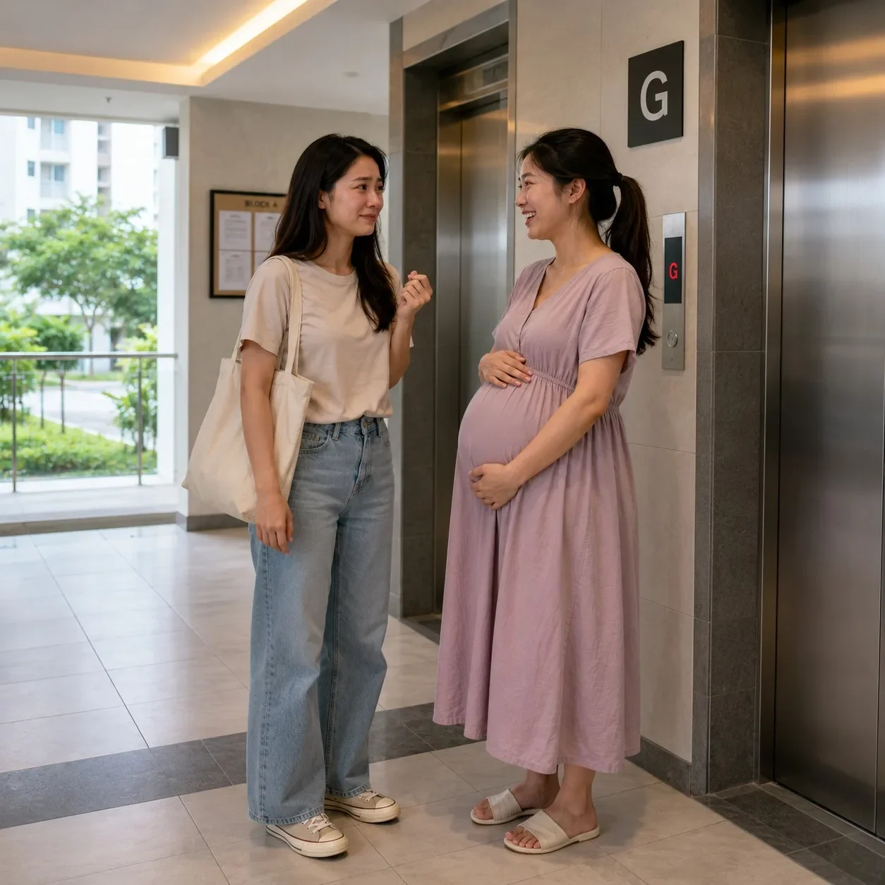 女子孕妇邻居等电梯聊天感动