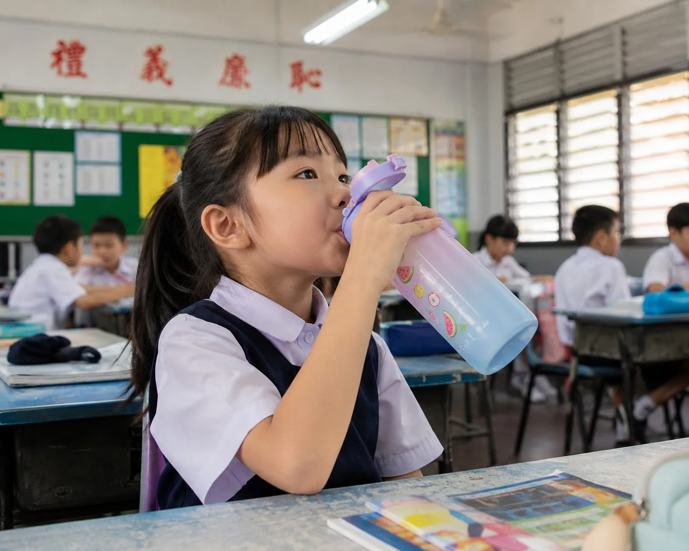 小学女生在课室里用水壶水瓶喝水