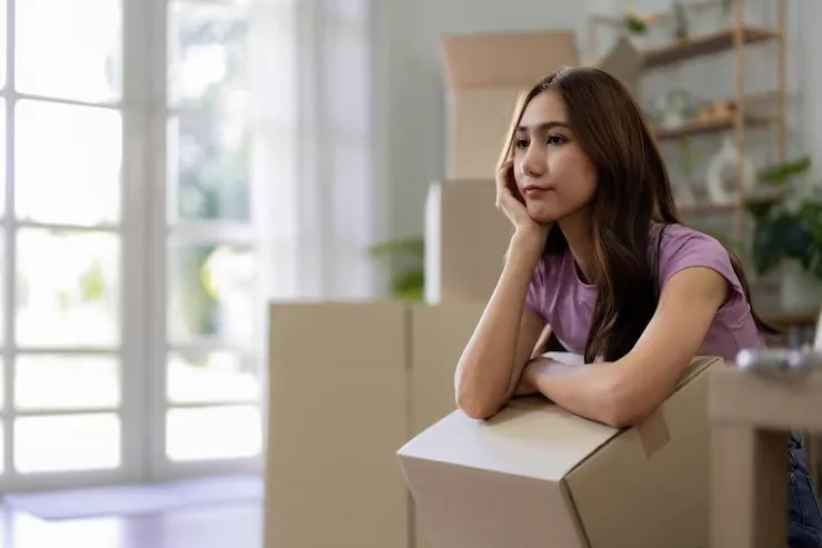 Asian Women Moving Contemplating New Home Purchase Thinking About Future Life After Moving Relocation New House Planning Decoration Idea Life Goals