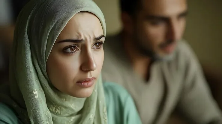 Muslim Woman With Green Scarf Her Head Looking Man 958124 106932