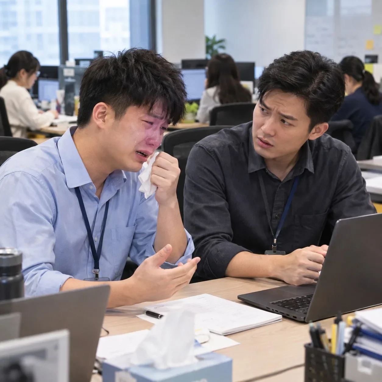 男同事哽咽哭着询问工作事宜打工族