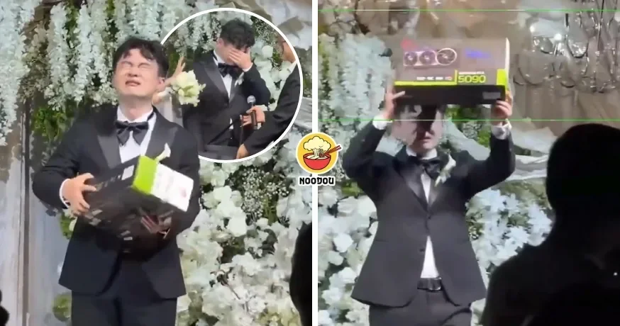 【男人的钻戒！】新娘婚礼霸气送上『RTX 5090神级显卡』，新郎爆哭当奖杯举起！（内有影片）