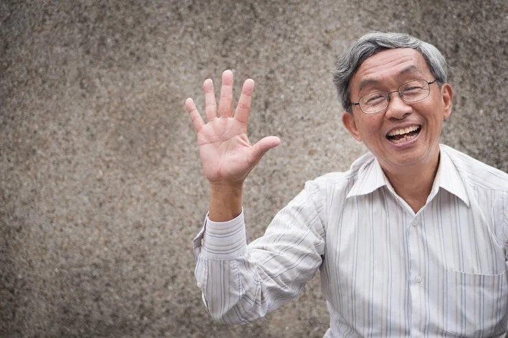 Happy Old Man Pointing Up Five Fingers 46728 879 1