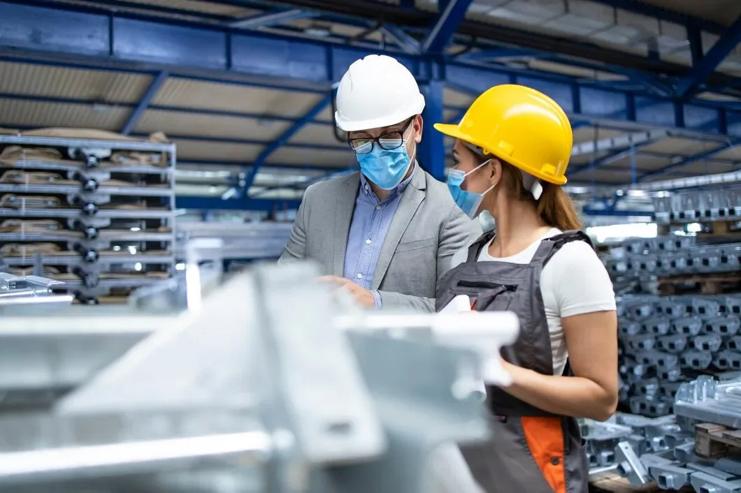 Industrial Supervisor Manager With Hygienic Mask Talking With Worker Production Factory 342744 124 1