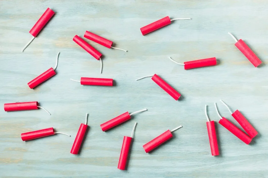 Red Dynamite Firecrackers Blue Wooden Textured Background 23 2148160961